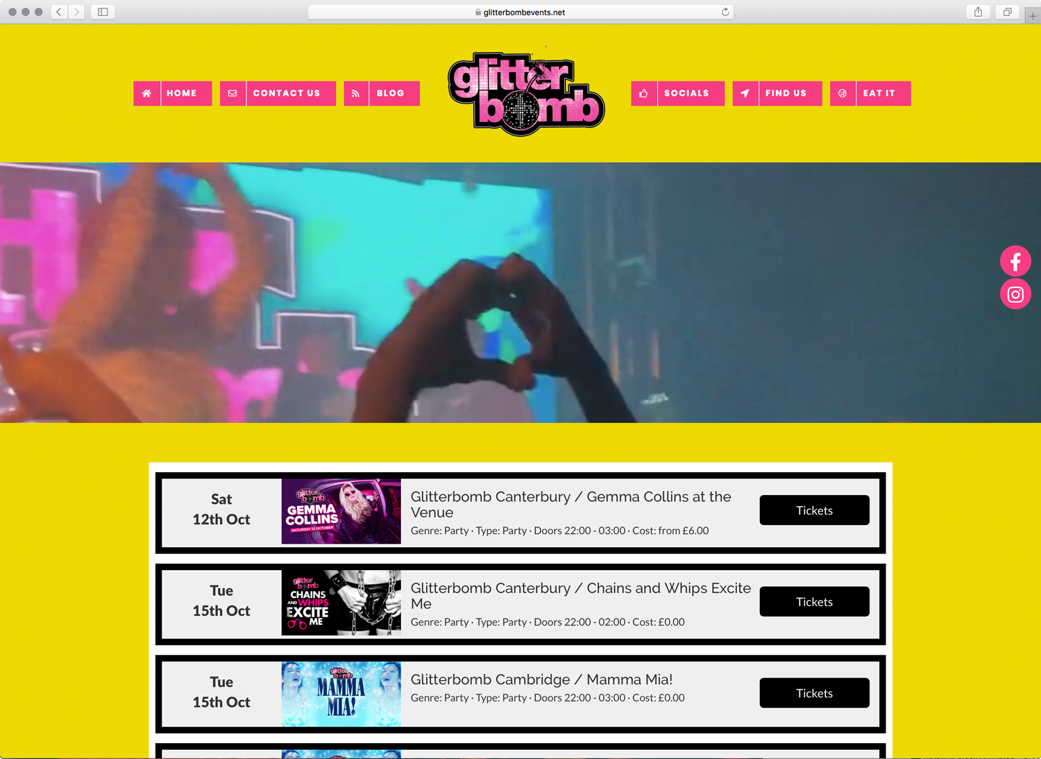 website screenshot of glitterbomb events created by opium addictive design